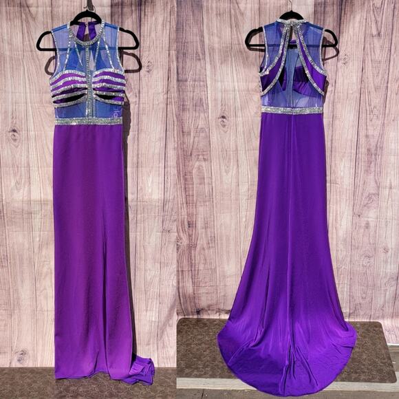 NWT Vienna Prom Purple & Blue Gemstone Embellished Halter Gown, Sz 4 - Picture 2 of 11